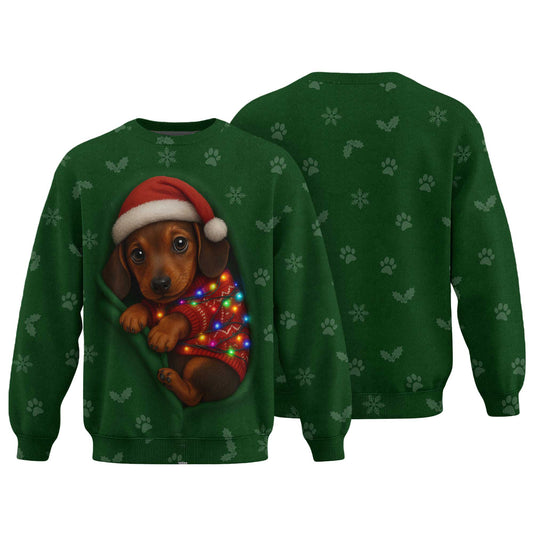 Christmas Dachshund Shirt, Funny Weiner Dog Shirts, Pattern Polos For Spooky Season - Cute Puppy In Santa Hat & Lights