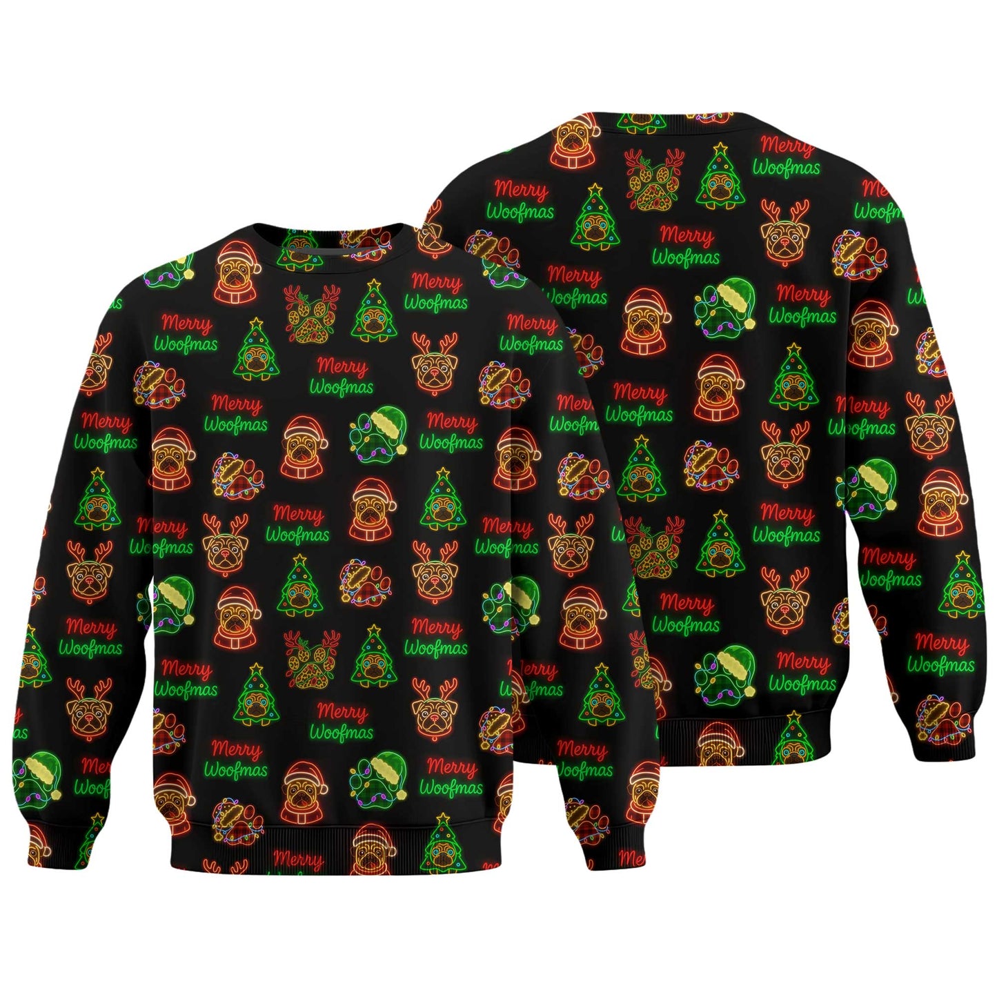 Neon Merry Woofmas Pug Christmas Pattern Polo, Funny Pug Shirt, Pug T Shirt