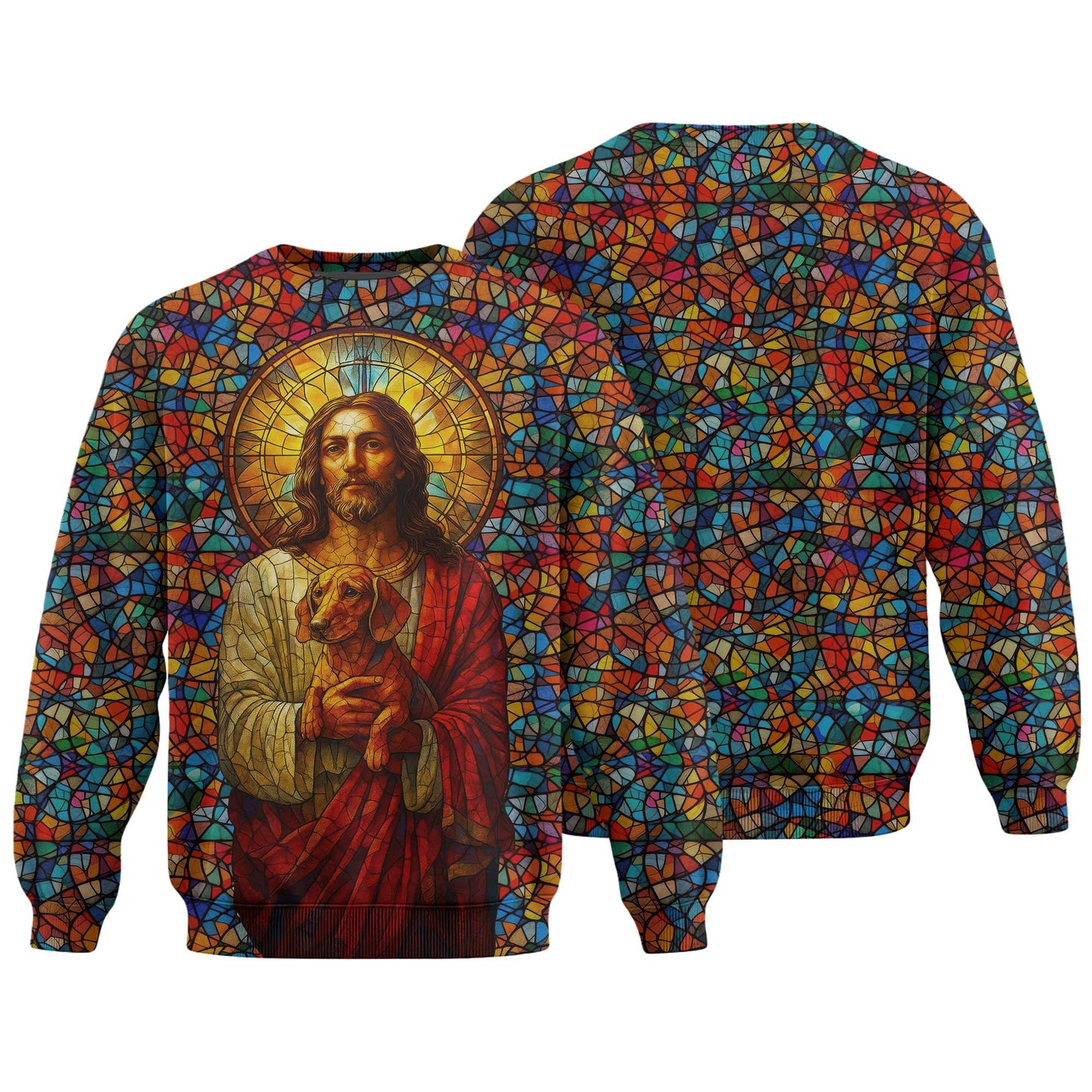 Colorful Stained Glass Jesus Hoodie, Dachshund Shirt, Wiener Dog T Shirt