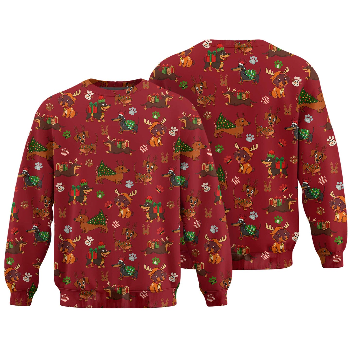 Red Holiday Cute Xmas With Reindeer Dachshund And Gift Pattern Polo, Christmas Dachshund Shirt, Wiener Dog T Shirt