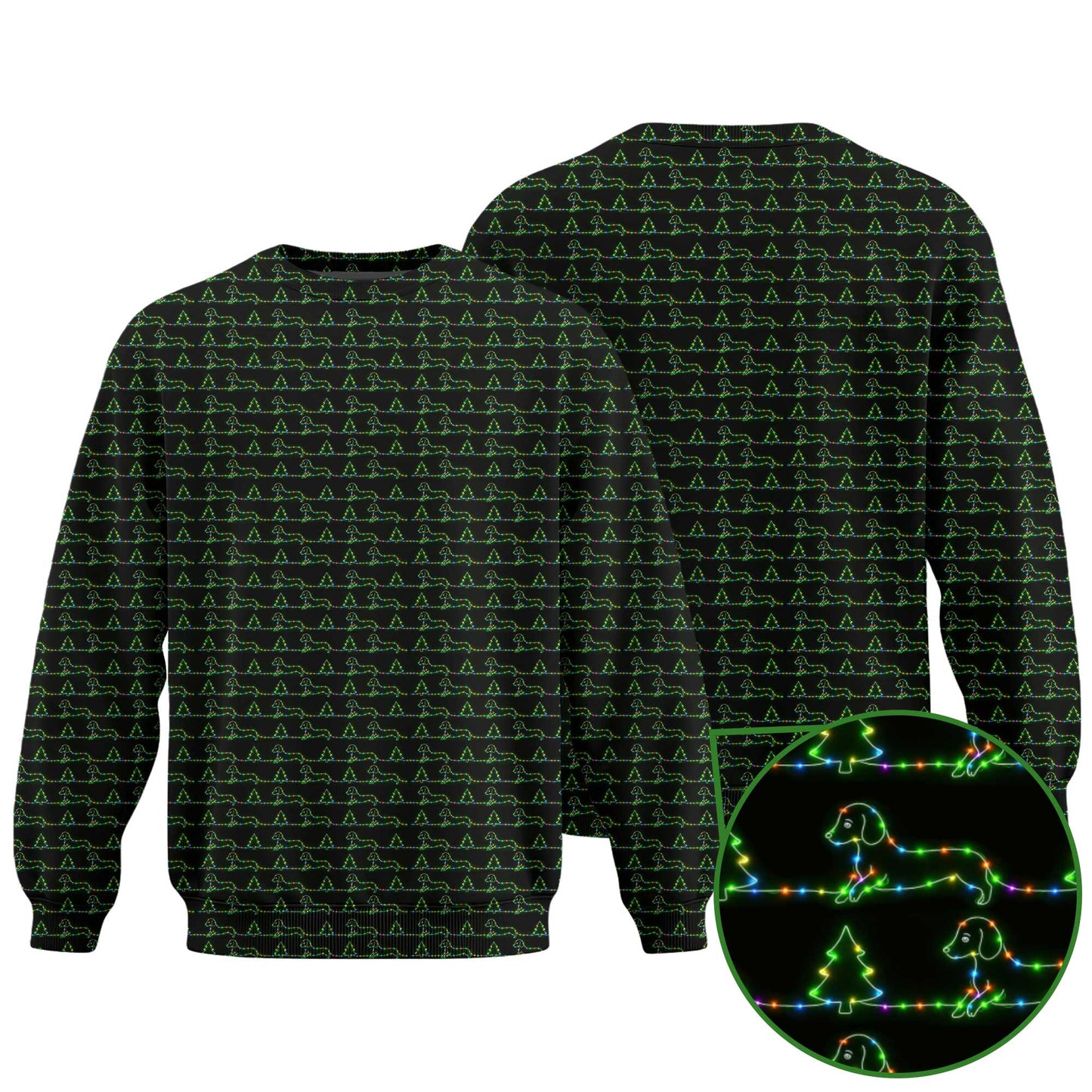 Funny Festive Neon Dachshund And Christmas Tree Lights Pattern, Dachshund Christmas Shirt, Wiener Dog T Shirt