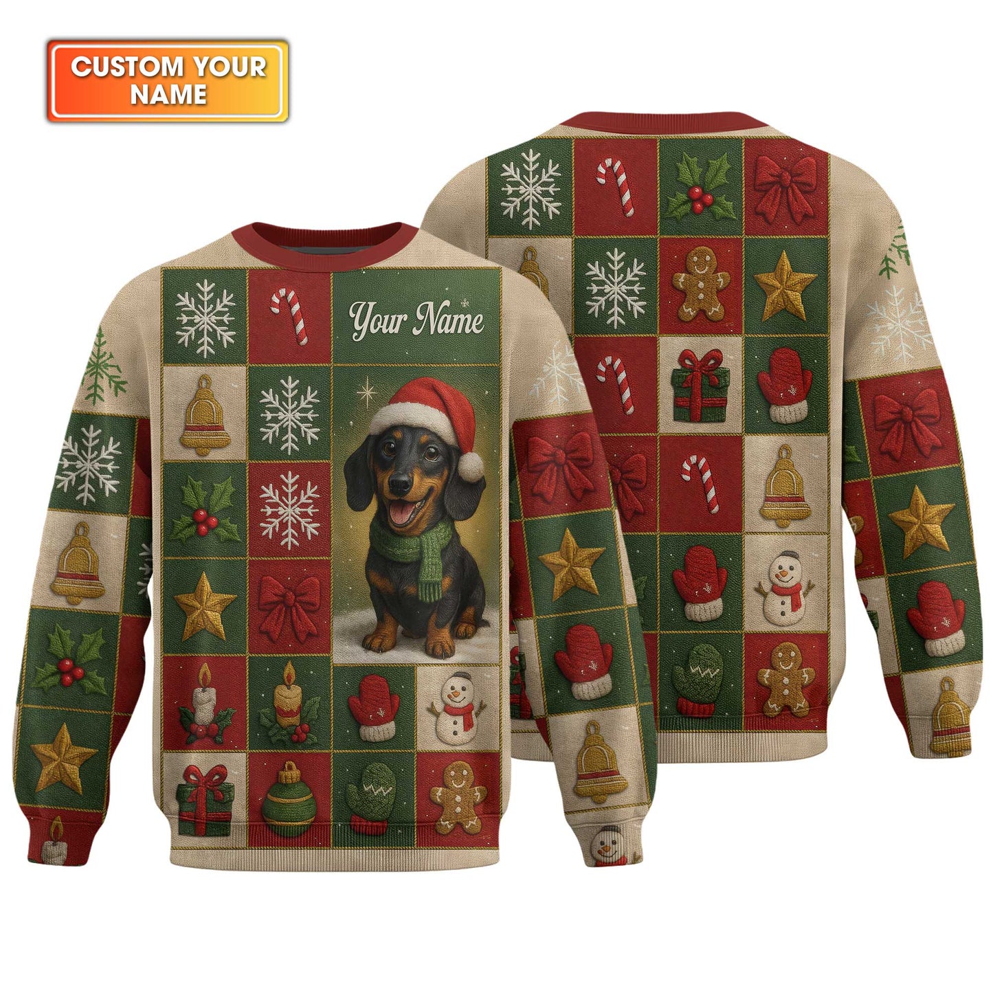 Personalized Name Wiener Dog T Shirt, Dachshund Sweatshirt, Happy Christmas Dachshund Pattern Polo