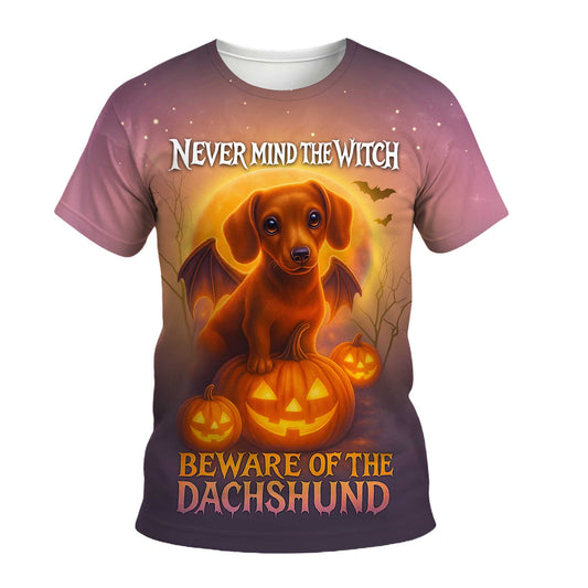 Never Mind The Witch, Beware Of The Dachshund - Dachshund Shirt, Weenie Dog Shirts, Pattern Polos For Spooky Season