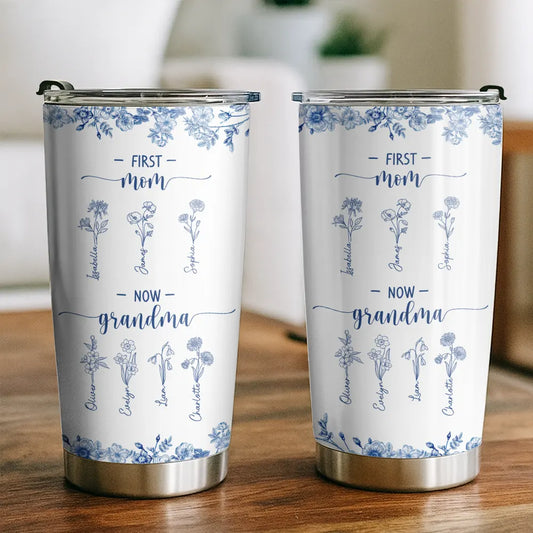 First Mom Now Grandma - Blue Floral - Personalized Tumbler