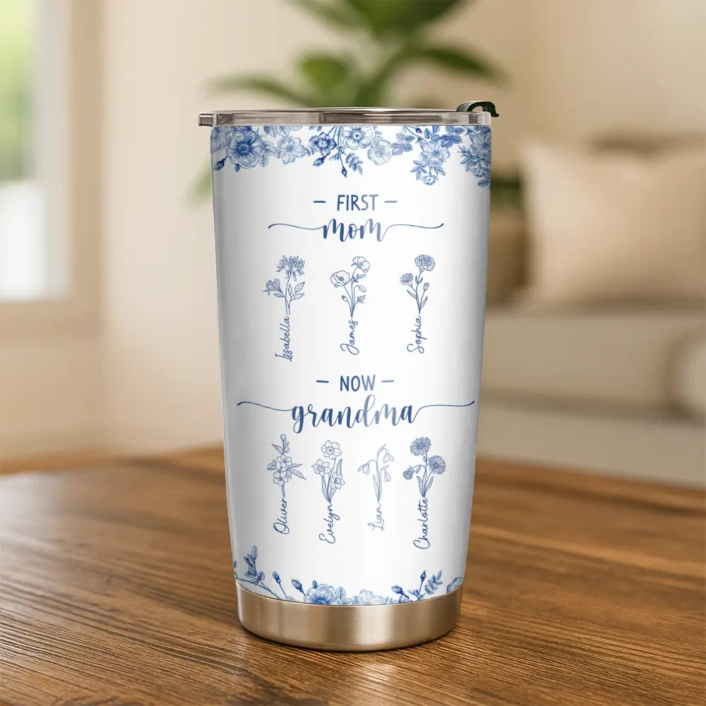First Mom Now Grandma - Blue Floral - Personalized Tumbler