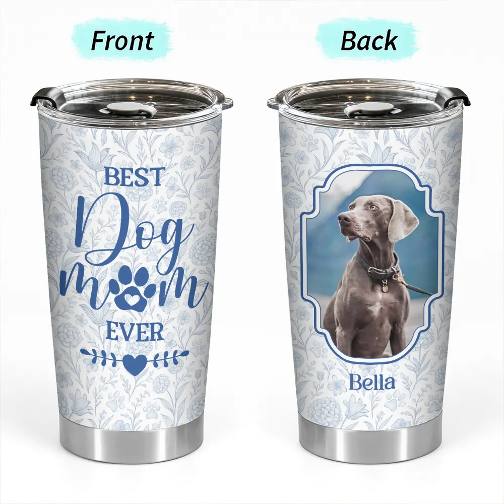 Custom Pet Photo Toile De Jouy - Best Dog Mom Ever - Personalized Tumbler