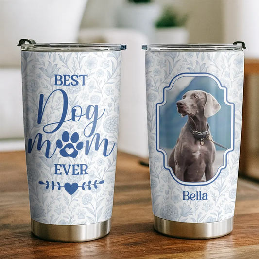 Custom Pet Photo Toile De Jouy - Best Dog Mom Ever - Personalized Tumbler