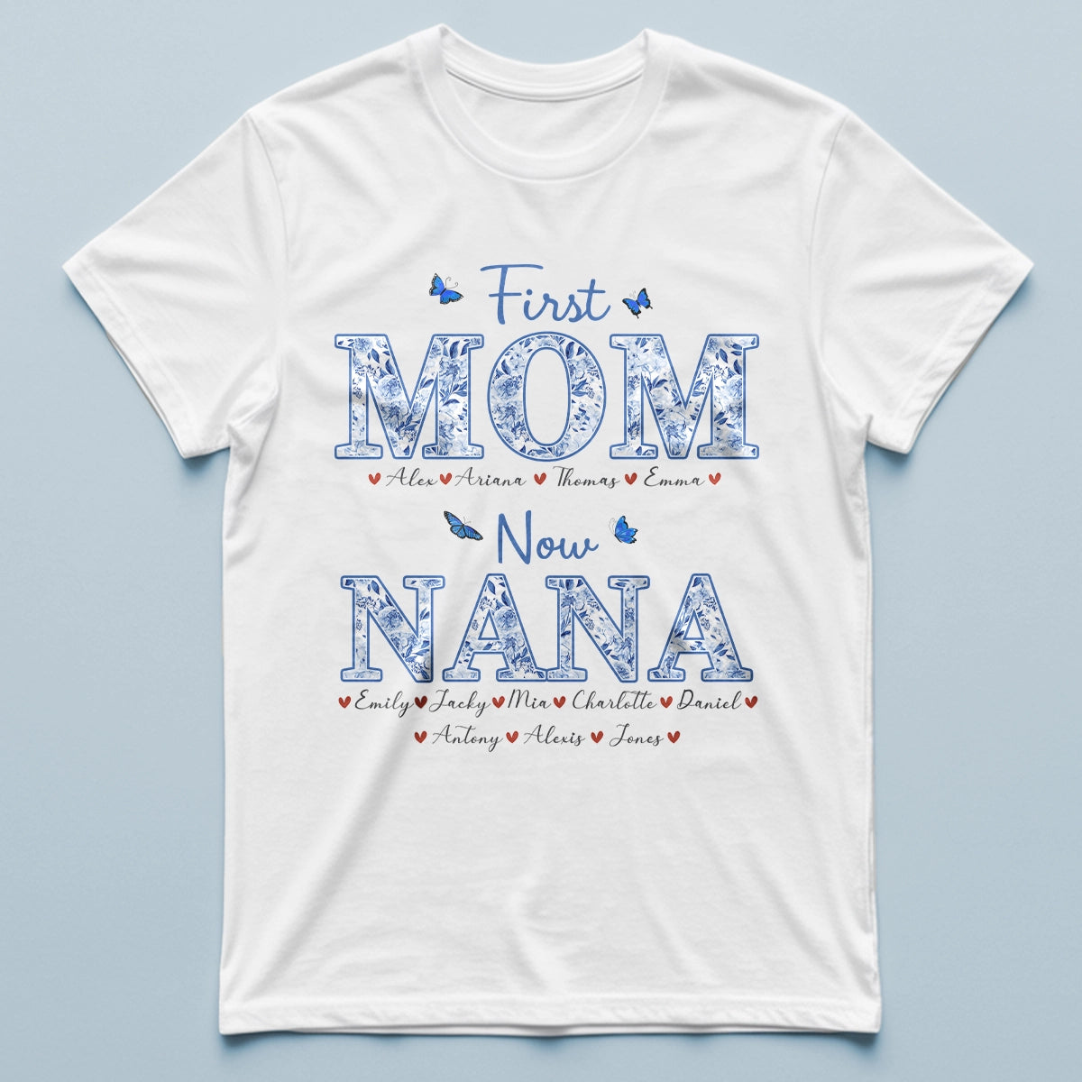 Nana First Mom Now Grandma - Blue Floral Pattern - Personalized T-Shirt