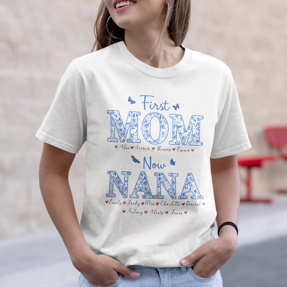 Nana First Mom Now Grandma - Blue Floral Pattern - Personalized T-Shirt
