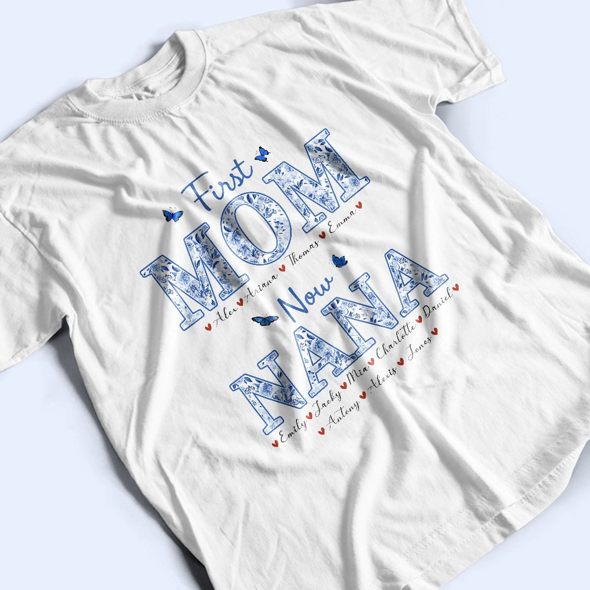 Nana First Mom Now Grandma - Blue Floral Pattern - Personalized T-Shirt