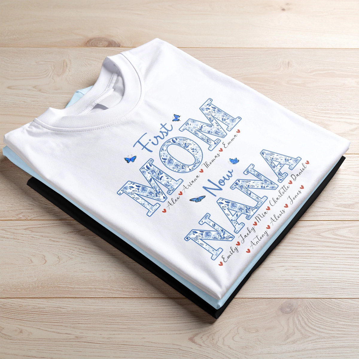 Nana First Mom Now Grandma - Blue Floral Pattern - Personalized T-Shirt