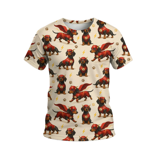 Superhero Red Cape Funny Flash Costume Pattern Polo, Cute Comic Style Top, Dachshund T Shirt, Wiener Dog T Shirt