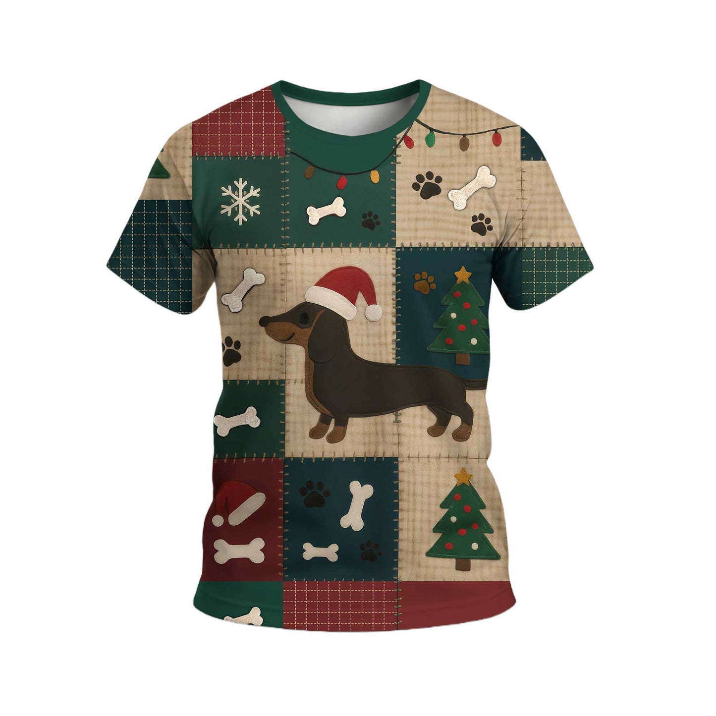 Dachshund Christmas Shirt With Santa Hat And Patchwork Design, Wiener Dog Holiday Shirt, Festive Dog Lover Tee