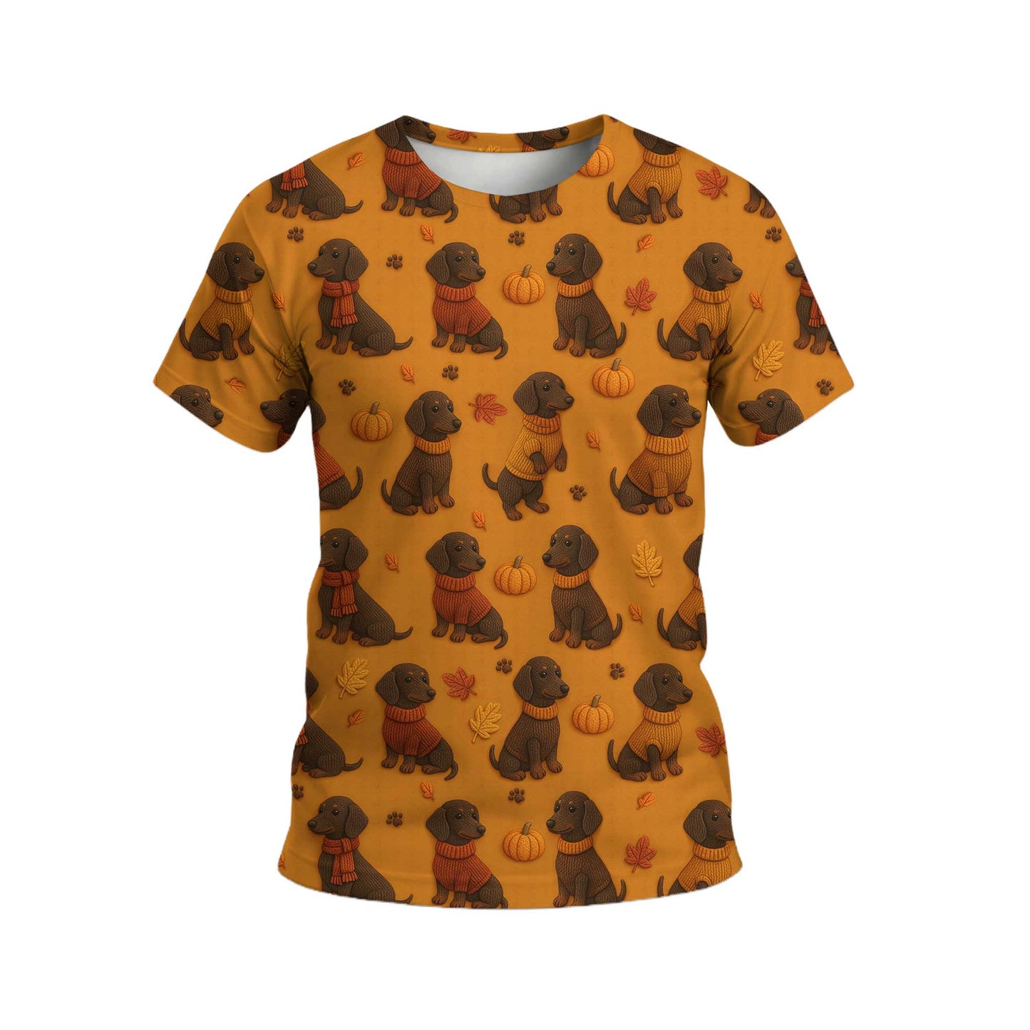 Pattern Dachshund Orange Shirt With Pumpkin And Autumn Leaves, Dachshund Halloween Shirt, Winter Dog Shirts
