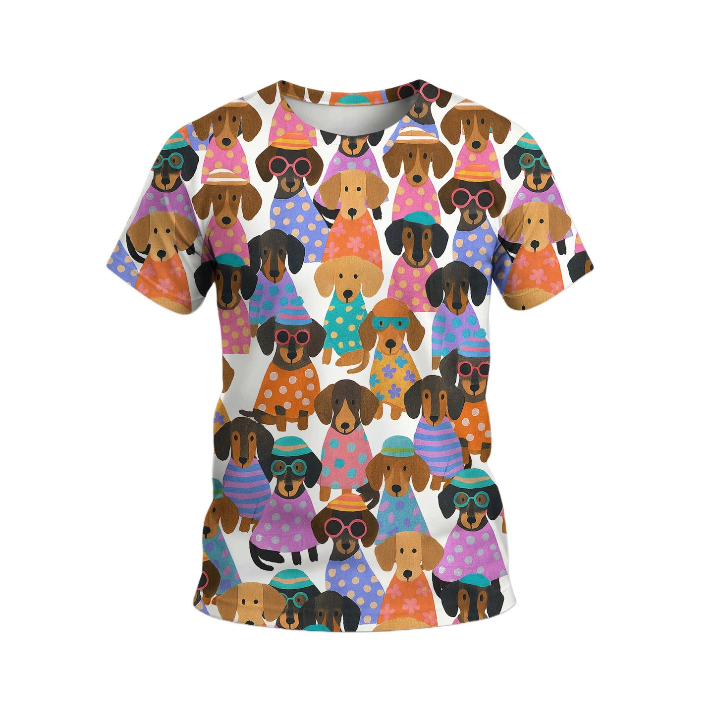 Happy Funny Colorful Dachshund Pattern Polo, Wiener Dog T Shirt, Dachshund Sweatshirt