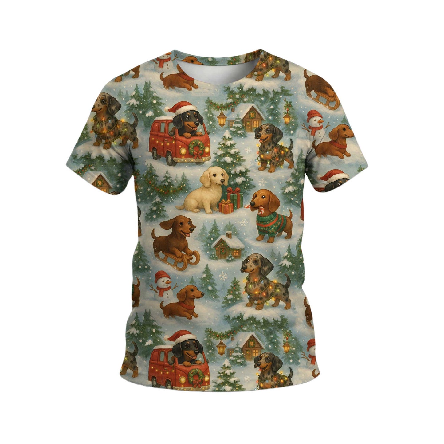 Vintage Christmas Winter Snow Landscape Pattern Polo, Dachshund T Shirt, Wiener Dog T Shirt