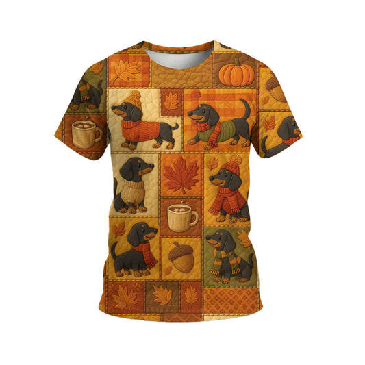 Pattern Polos For Autumn Vibes, Dachshund Shirt With Pumpkins And Coffee, Winter Dog Shirts, T Shirts For Dachshunds