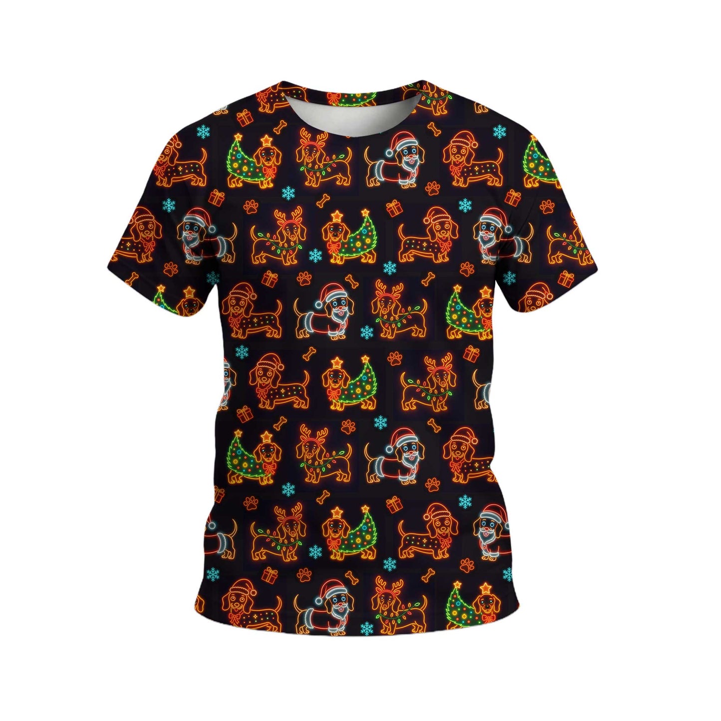 Funny Holiday With Neon Dachshund And Christmas Tree Pattern, Dachshund Christmas Shirt, Wiener Dog T Shirt