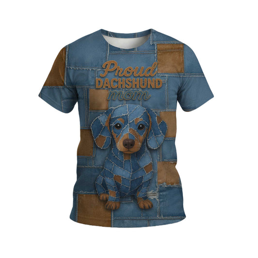 Proud Dachshund Mom Shirt, Cute Wiener Dog Denim Patchwork T Shirt for Dog Lovers