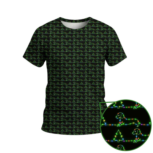 Funny Festive Neon Dachshund And Christmas Tree Lights Pattern, Dachshund Christmas Shirt, Wiener Dog T Shirt