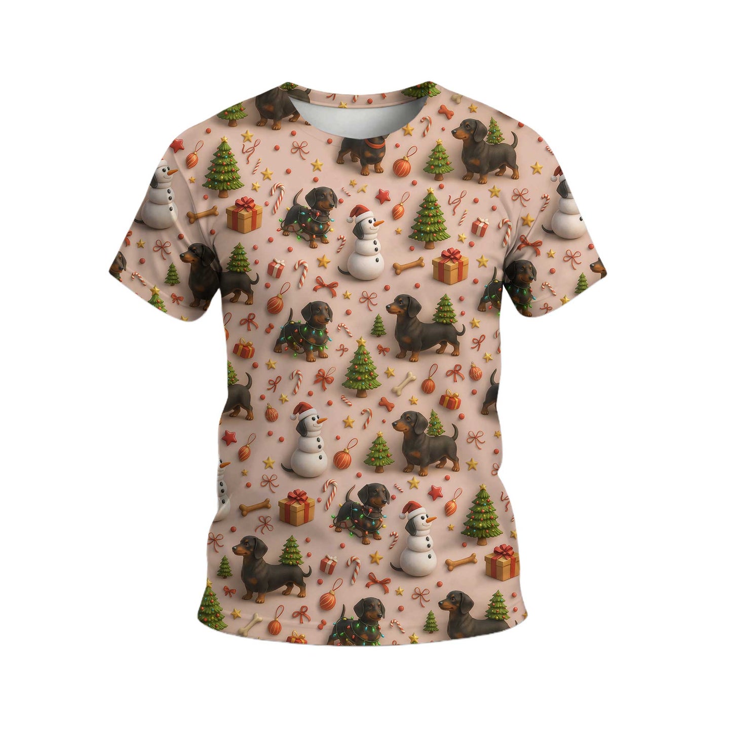 Dog Snowman Tree Pattern Polo For Winter Season, Dachshund T Shirt, Wiener Dog T Shirt