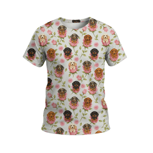Wiener Dogs Tee Shirts, Dachshund T Shirt, Pink Rose Puppy Flower Shirt