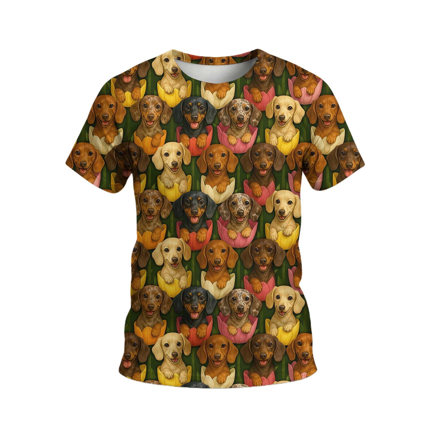 Cute Dachshund Shirt, Wiener Dog Shirts with Colorful Tulip Flower Pattern
