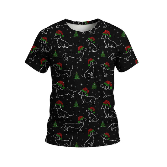 Christmas Lights Sparkling Santa Cute Holiday Pattern Polo, Festive Black Shirt, Dachshund T Shirt, Wiener Dog T Shirt