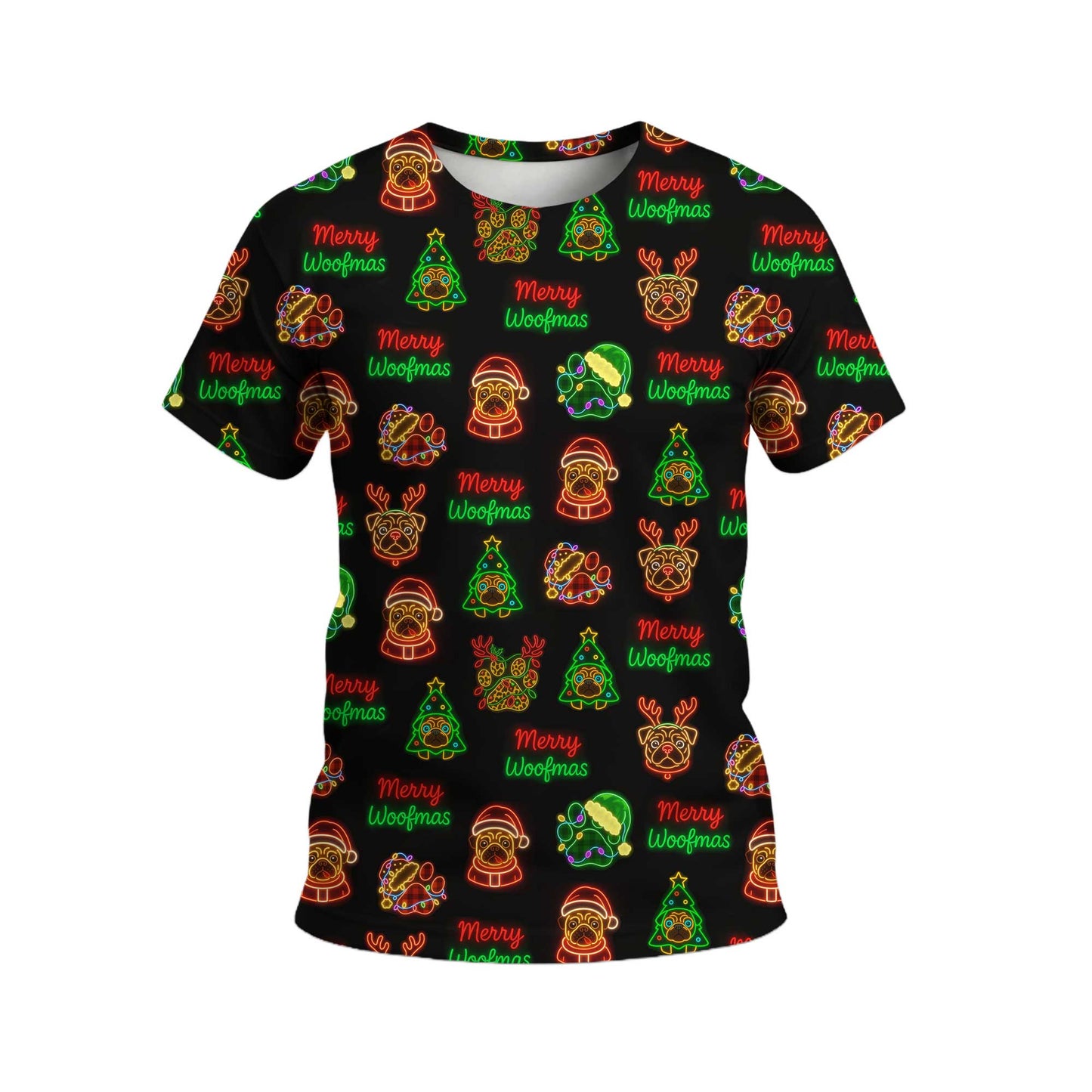 Neon Merry Woofmas Pug Christmas Pattern Polo, Funny Pug Shirt, Pug T Shirt
