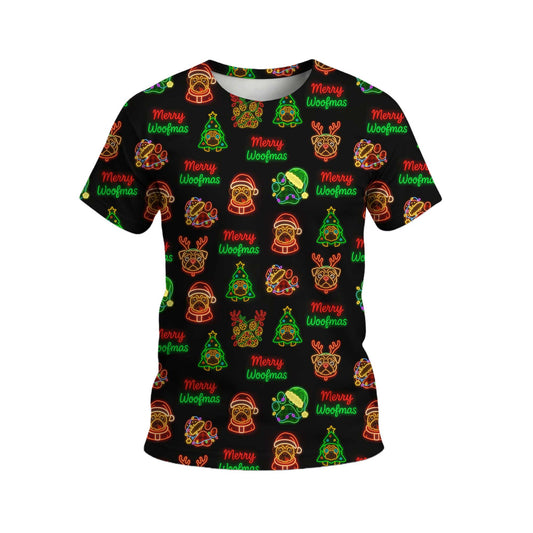 Neon Merry Woofmas Pug Christmas Pattern Polo, Funny Pug Shirt, Pug T Shirt