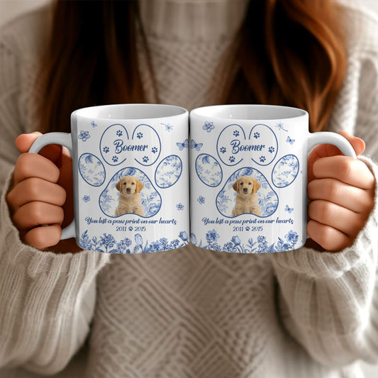 Custom Pet Photo Blue Toile De Jouy Style - You Left A Paw Print On Our Hearts - Personalized Edge-to-Edge Mug