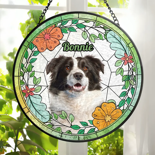 Custom Pet Portrait With Flowers - Pet Memorial Suncatcher - Personalized Window Hanging Stained Glass