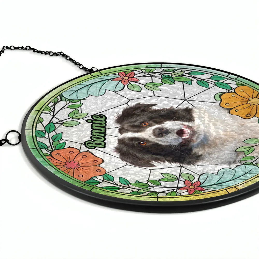 Custom Pet Portrait With Flowers - Pet Memorial Suncatcher - Personalized Window Hanging Stained Glass
