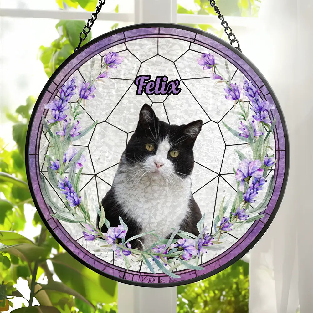 Custom Pet Portrait With Flowers - Pet Memorial Suncatcher - Personalized Window Hanging Stained Glass