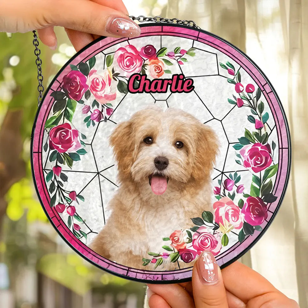 Custom Pet Portrait With Flowers - Pet Memorial Suncatcher - Personalized Window Hanging Stained Glass