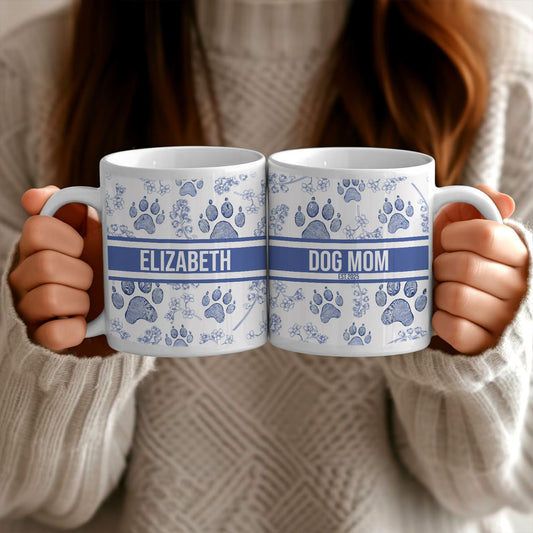 Custom Name Toile de Jouy Style - Dog Mom Est.2025 - Personalized White Mug