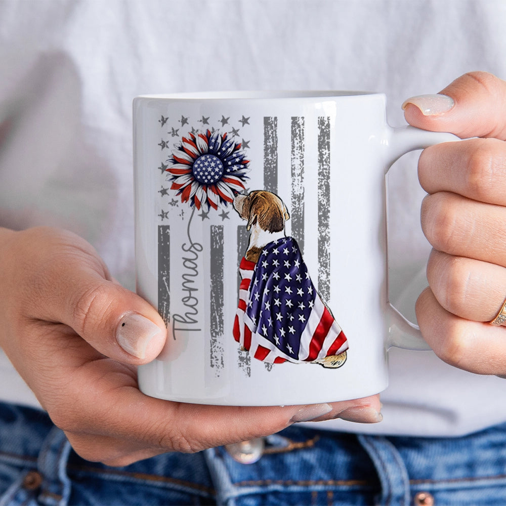 Personalized Patriotic Dog Mug – Custom Name USA Flag – 4th Of July Gift For Dog Lovers - Personalized White Glossy Mug