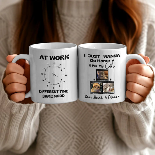 Funny Work Mug For Cat Lovers - FTS Office Clock & Wanna Pet My Cat Custom Photo - Personalized White Mug