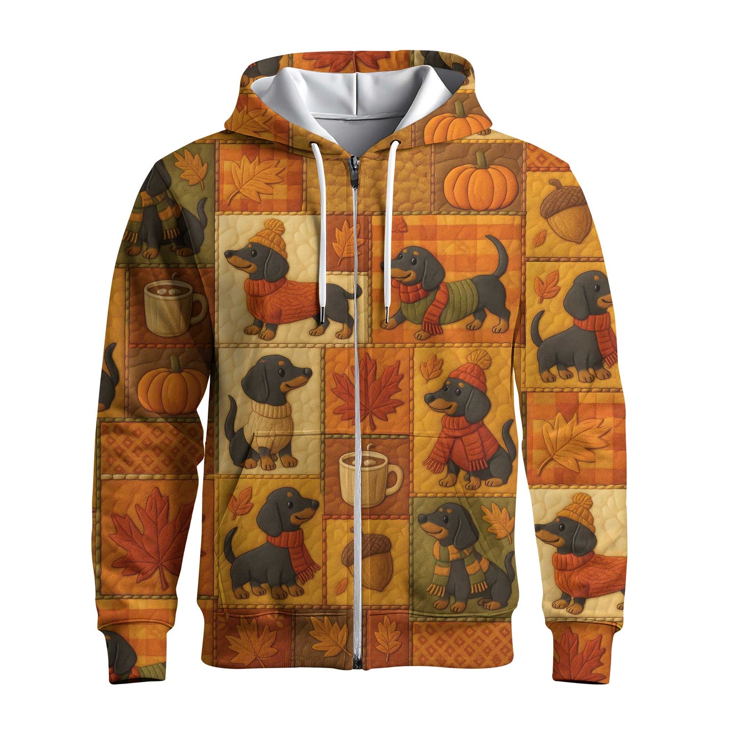 Pattern Polos For Autumn Vibes, Dachshund Shirt With Pumpkins And Coffee, Winter Dog Shirts, T Shirts For Dachshunds