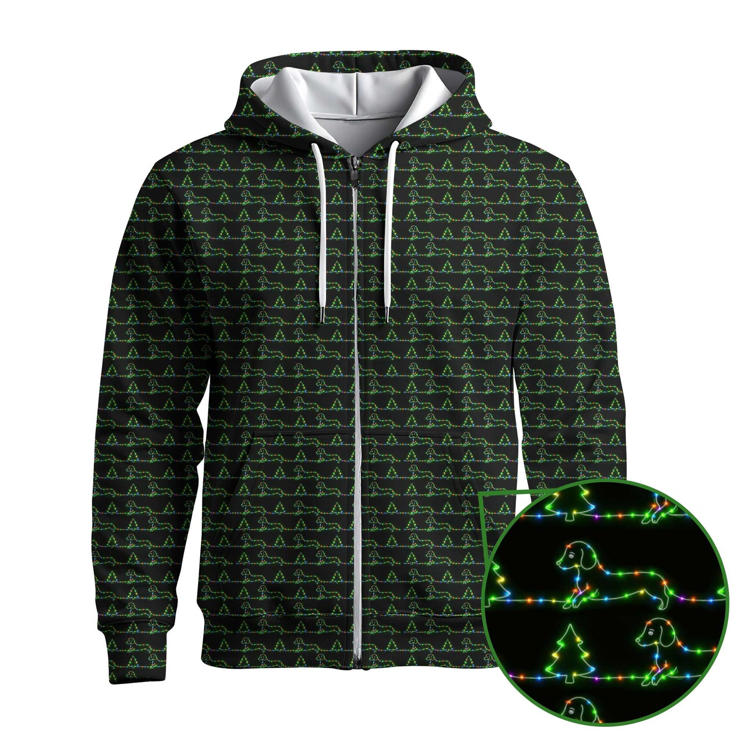 Funny Festive Neon Dachshund And Christmas Tree Lights Pattern, Dachshund Christmas Shirt, Wiener Dog T Shirt