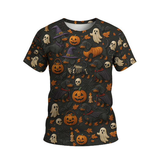 Pattern Dachshund Shirt, Halloween Dog Shirt, Pumpkin Ghost Skeleton Black Shirt