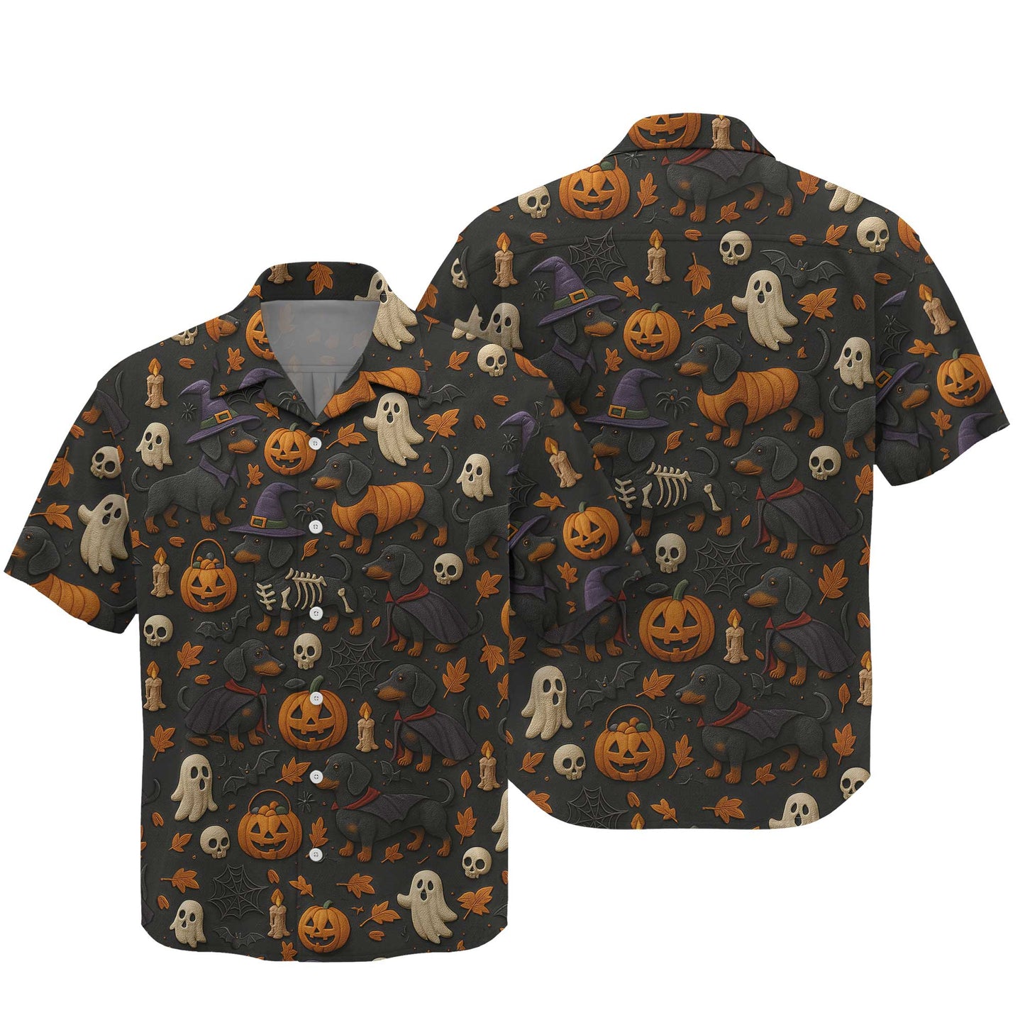 Pattern Dachshund Shirt, Halloween Dog Shirt, Pumpkin Ghost Skeleton Black Shirt