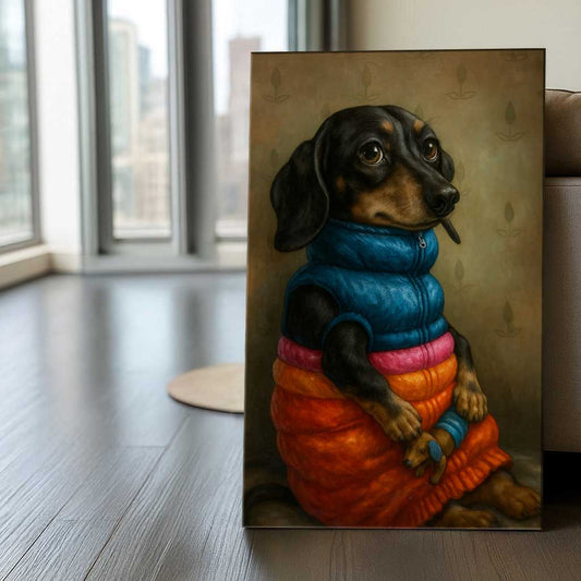 Cozy Dachshund Winter Jacket Canvas Wall Art, Cute Dog Portrait Painting, Warm and Whimsical Pet Lover Home Décor