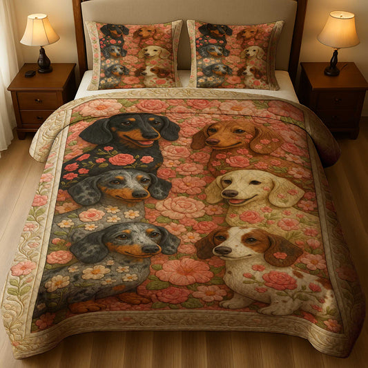 Adorable Dachshund Dog Bedding With Roses Pattern, Floral Dachshund Quilt Set