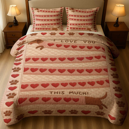 I Love You This Much Dachshund Quilt Set, Cute Sausage Dog With Hearts and Paw Prints
