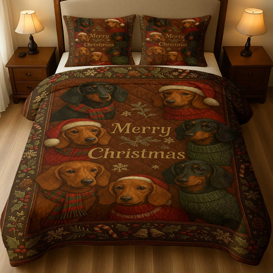 Merry Christmas Dachshund Quilt Set, Festive Holiday With Snowflakes And Candy Canes For Winter Nights