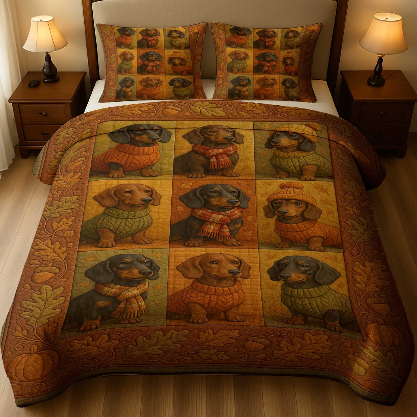 Fall Dachshund Quilt Set, Adorable Sausage Dogs in Sweaters and Scarves