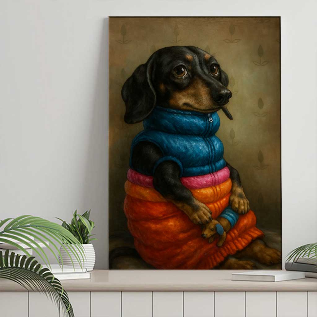 Cozy Dachshund Winter Jacket Canvas Wall Art, Cute Dog Portrait Painting, Warm and Whimsical Pet Lover Home Décor