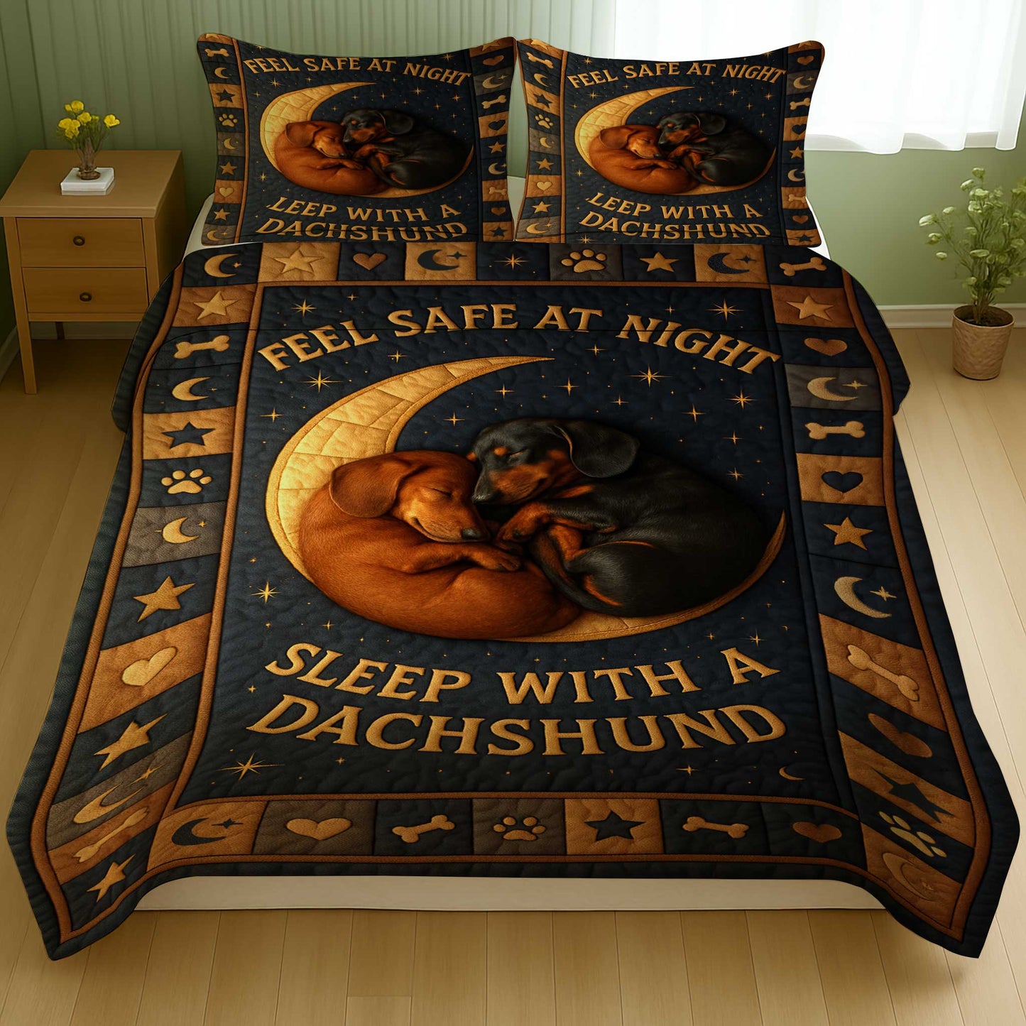Funny Dachshund Quilt Set For Dog Lover, Feel Safe At Night Sleep With A Dachshund Quilt Set, Wiener Dog Quilt Set
