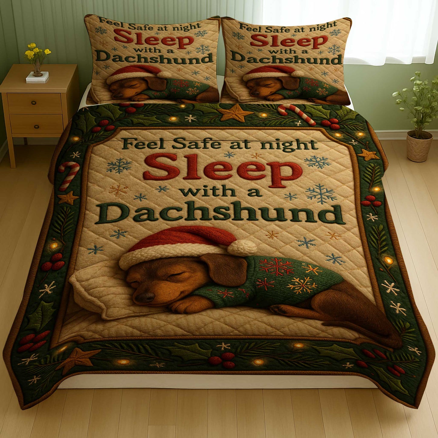 Funny dachshund christmas Quilt Set, Wiener Dog Holiday Bedroom Decor, Dachshund Quilt Set For Pet Lover, christmas weiner dog